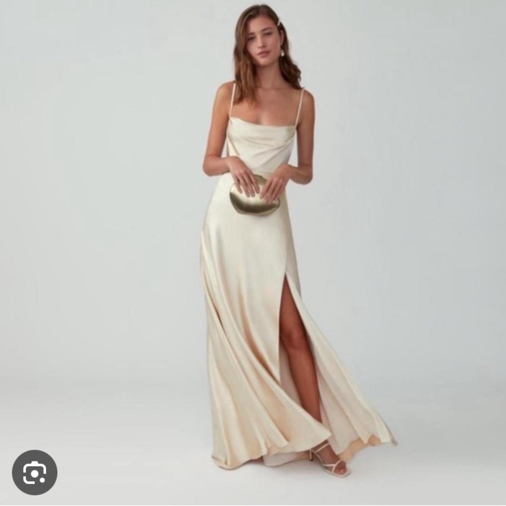 Fame and Partners Champagne Satin Dress with Slit